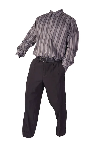 男人的灰色条纹衬衫和黑色裤子与白色背景隔离 时尚服装 — 图库照片