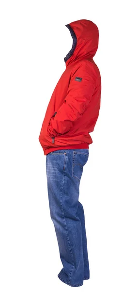Красный Мужской Пиджак Молнией Синие Джинсы Изолированы Белом Фоне Casual — стоковое фото