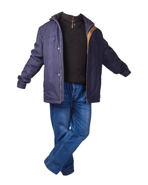 파란색 상의에 지퍼와 스웨터를 배경에는 청바지를 평상복 — 스톡 사진