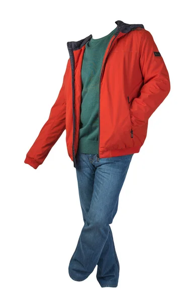 Orangefarbene Jacke Mit Reißverschluss Dunkelgrüner Pullover Und Blaue Jeans Auf — Stockfoto