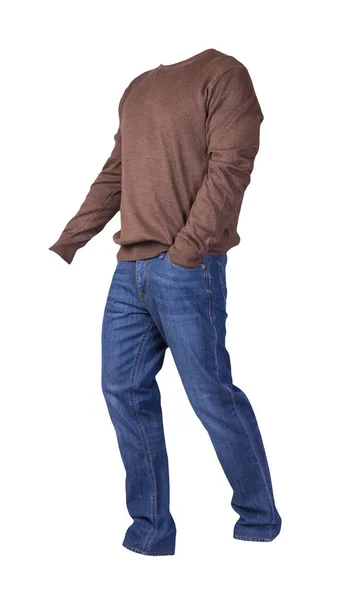 Maglione Marrone Uomo Blue Jeans Isolati Sfondo Bianco Abbigliamento Casual — Foto Stock