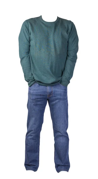 Men Dark Green Sweater Blue Jeans Isolated White Background Casual — Stock Photo, Image