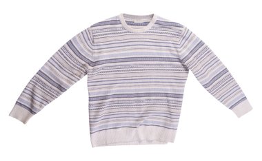 Beyaz arka planda izole edilmiş beyaz gri süveter. Erkek süveteri, boyun üstü manzarasının altında. Sıradan stil