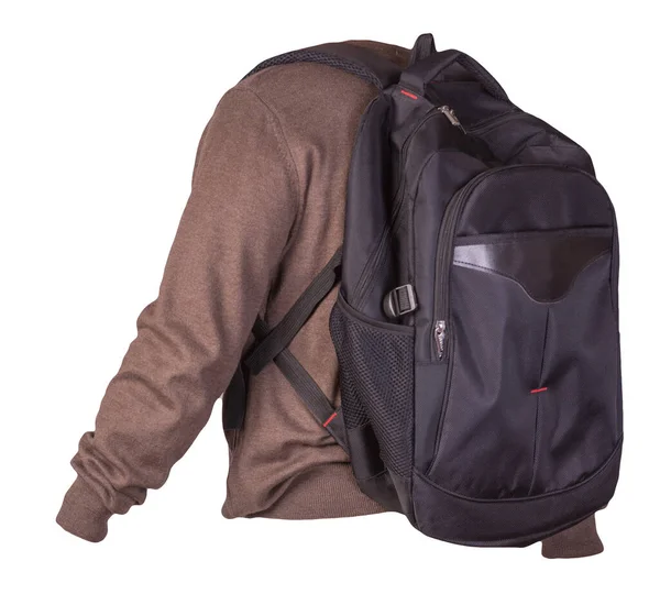 黑色背包 穿着一件针织的褐色毛衣 与白色背景隔离 从后面看背包和男式毛衣 — 图库照片