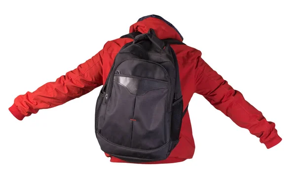 Schwarzer Rucksack Bekleidet Mit Einer Roten Jacke Auf Weißem Hintergrund — Stockfoto