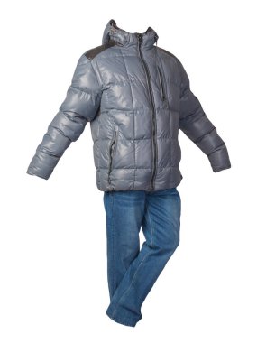 Mavi erkek ceketi ve mavi kot beyaz arka planda izole edilmiş. Günlük kıyafetler.