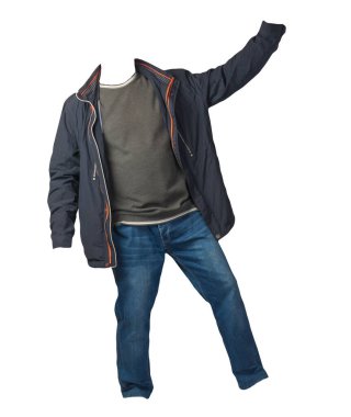 Fermuarlı mavi ceket, gri kazak ve beyaz arka planda izole edilmiş mavi kot pantolon. Sıradan moda kıyafetleri.