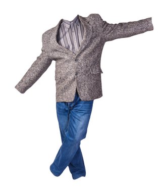 Gri çizgili gömlekli gri ceketli ve beyaz arka planda izole edilmiş kot pantolonlu adamlar. günlük biçim