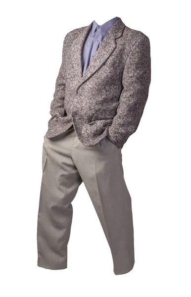 男性用グレーのジャケット パープルのシャツ 薄いグレーのズボンが白い背景に隔離されています 正式な訴訟 — ストック写真