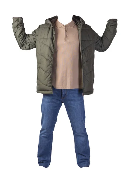 Hakki Jacke Mit Reißverschluss Beiges Hemd Und Blaue Jeans Auf — Stockfoto