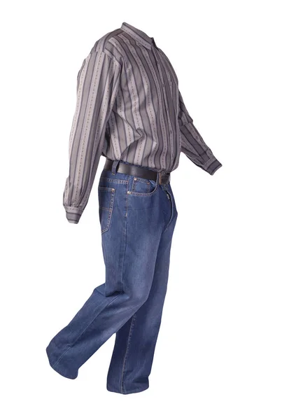 Chemise Rayures Grises Pour Hommes Avec Manches Longues Jeans Bleus — Photo