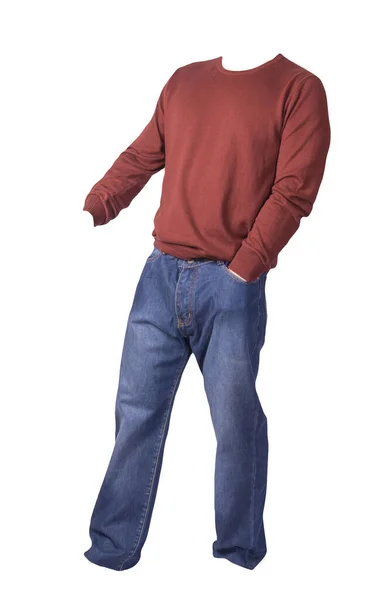 Dunkelroter Pullover Und Blaue Jeans Auf Weißem Hintergrund — Stockfoto