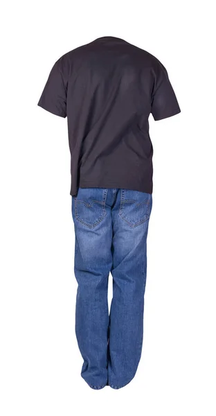 Pánské Černé Tričko Modré Džíny Izolované Bílém Pozadí Ležérní Oblečení — Stock fotografie