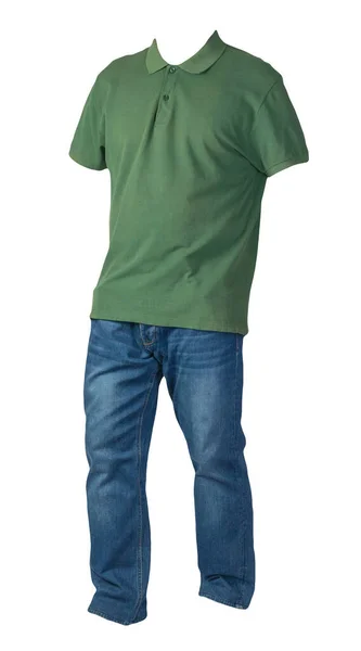 Camiseta Verde Oscuro Los Hombres Pantalones Vaqueros Azules Aislados Ropa —  Fotos de Stock