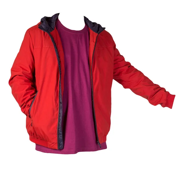 赤いジッパージャケットとバーガンディのシャツは白い背景に隔離されています カジュアルスタイル — ストック写真