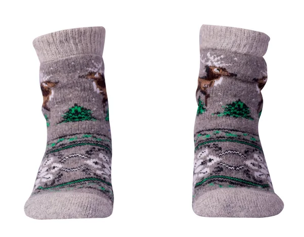 Wollgraue Braune Grüne Socken Isoliert Auf Weißem Hintergrund Winterzubehör — Stockfoto