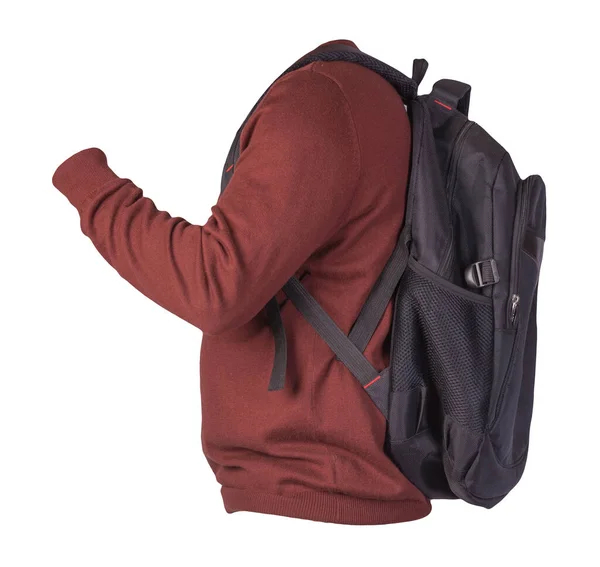 Schwarzer Rucksack Bekleidet Mit Einem Gestrickten Roten Pullover Isoliert Auf — Stockfoto