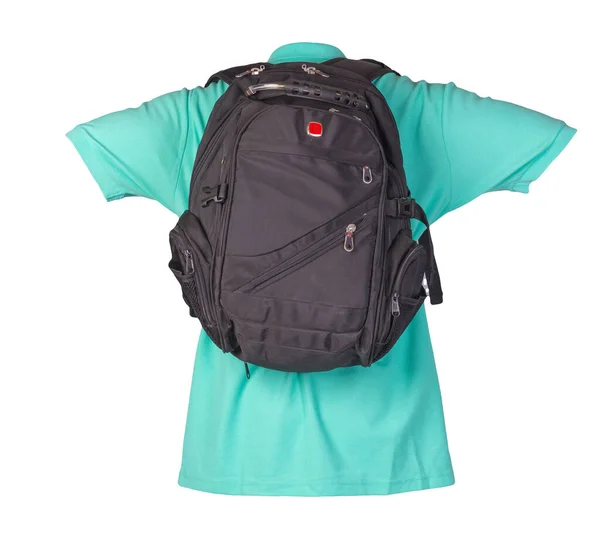 Schwarzer Rucksack Mit Grünem Shirt Auf Weißem Hintergrund Rucksack Und — Stockfoto