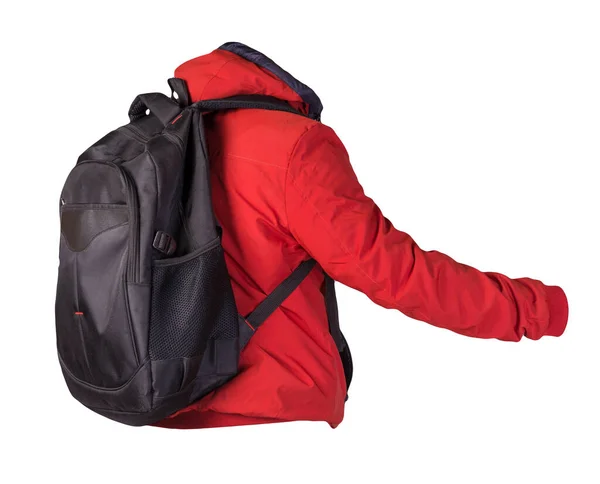 黑色背包 身穿红色夹克 背景为白色 背包和夹克的后视镜 — 图库照片