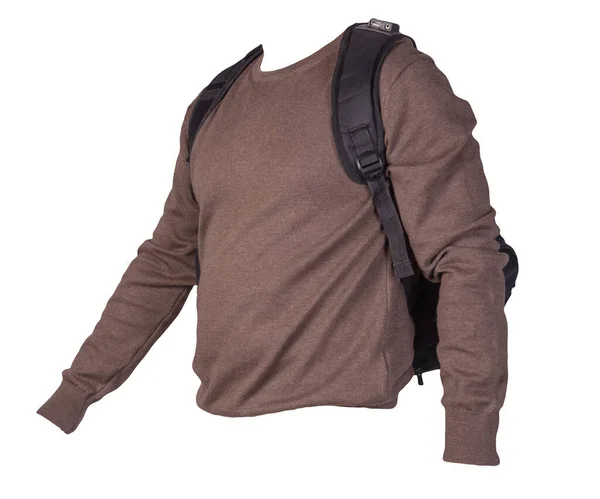 Schwarzer Rucksack Bekleidet Mit Einem Strickpullover Braun Isoliert Auf Weißem — Stockfoto