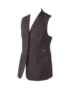 Beyaz zemin üzerinde beyaz şeritli düğmeleri olan beyaz siyah yelek..