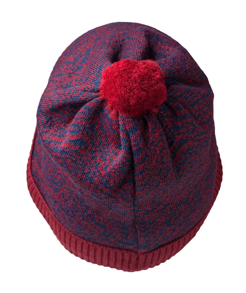Bonnet Tricoté Bleu Foncé Rouge Isolé Sur Fond Blanc Chapeau — Photo