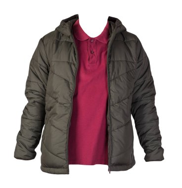 Erkekler koyu kırmızı tişört ve Hakki ceket fermuarı beyaz arka planda izole edilmiş. Günlük kıyafetler.