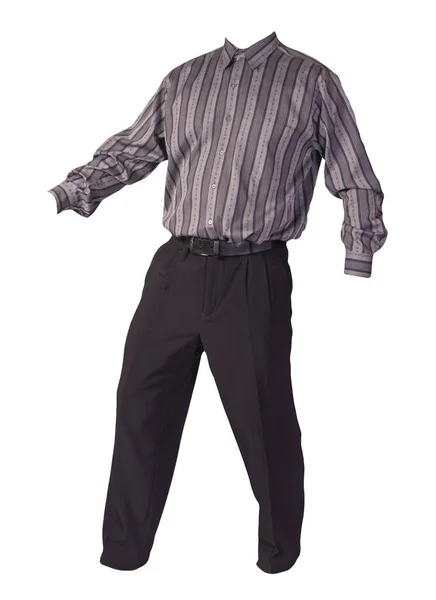 Чоловіча Сіра Смугаста Сорочка Чорні Штани Ізольовані Білому Тлі Модний — стокове фото