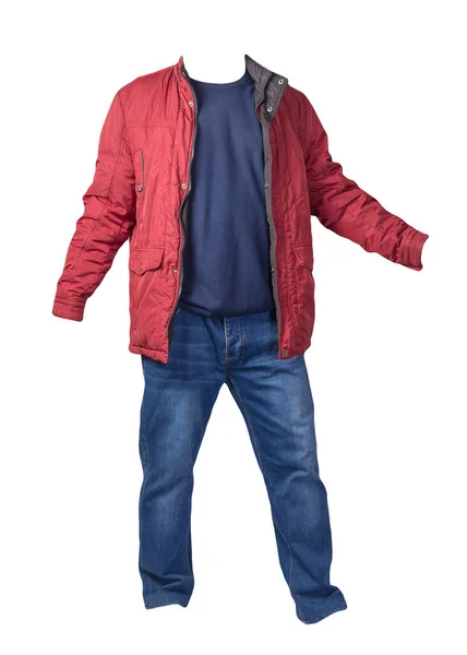 Rote Jacke Blauer Pullover Und Blaue Jeans Auf Weißem Hintergrund — Stockfoto