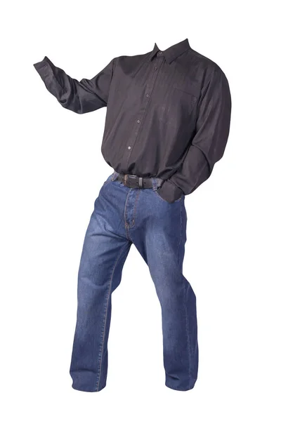 Men Black Shirt Long Sleeves Blue Jeans Isolated White Background — Stock Photo, Image