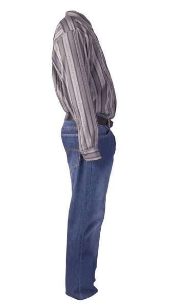 Men Gray Striped Shirt Long Sleeves Blue Jeans Isolated White — Stock Photo, Image