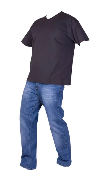 Männer Schwarzes Shirt Und Blaue Jeans Auf Weißem Hintergrund — Stockfoto