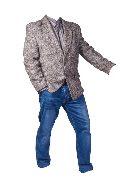 Män Grå Jacka Med Grå Randig Skjorta Och Blå Jeans — Stockfoto
