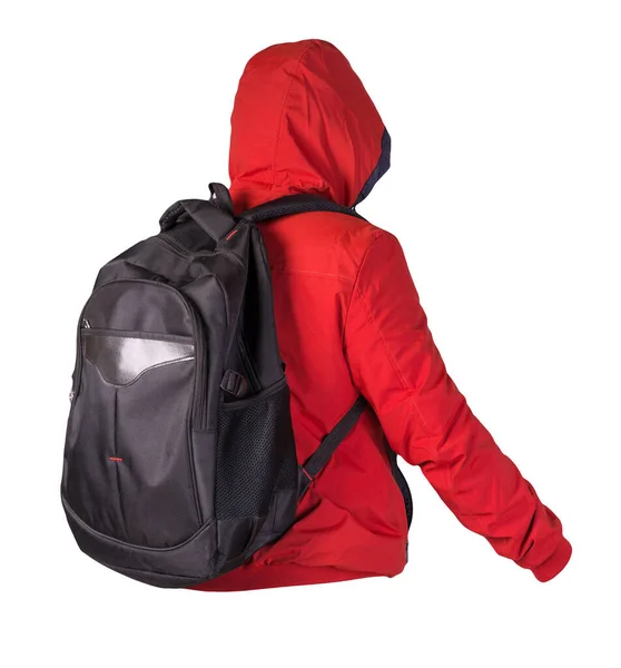 Schwarzer Rucksack Bekleidet Mit Einer Roten Jacke Auf Weißem Hintergrund — Stockfoto
