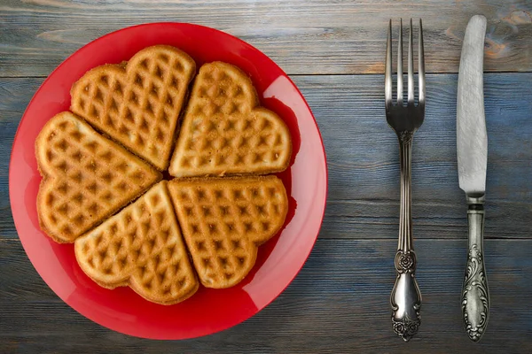 Belgian Waffles Fork Knife Wooden Background Waffles Red Plate Top — Stock Photo, Image