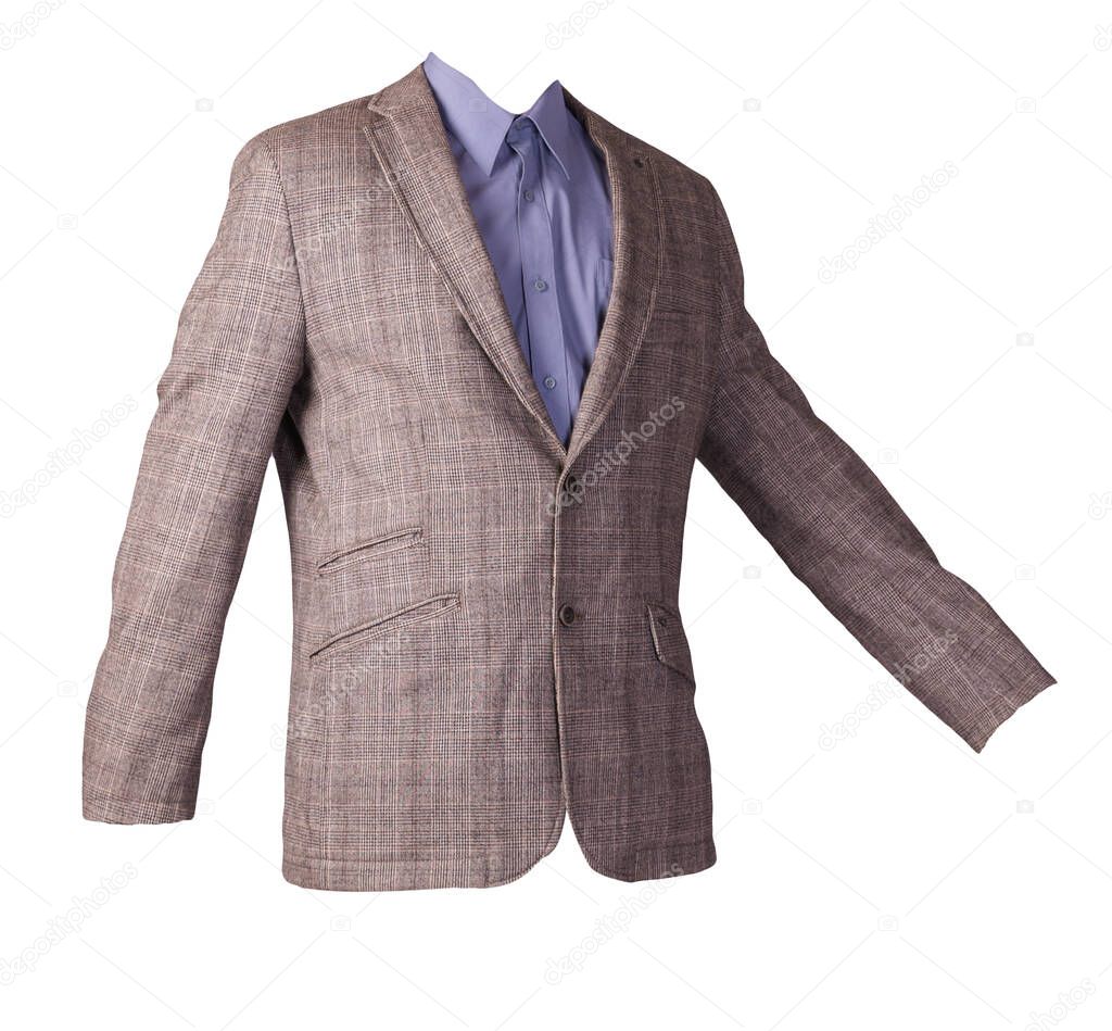 men beige jacket with buttons with purple shirt  isolated on a white background. Casual style