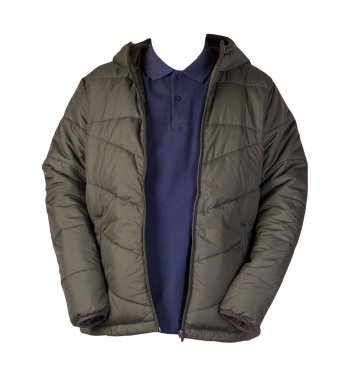 Erkekler koyu mavi tişört ve hakki ceket fermuarı beyaz arka planda izole edilmiş. Günlük kıyafetler.