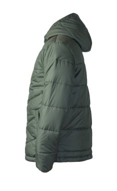 Beyaz arka planda izole edilmiş kapüşonlu koyu yeşil ceketli adamlar. Rüzgarlık ceketi. Sıradan stil