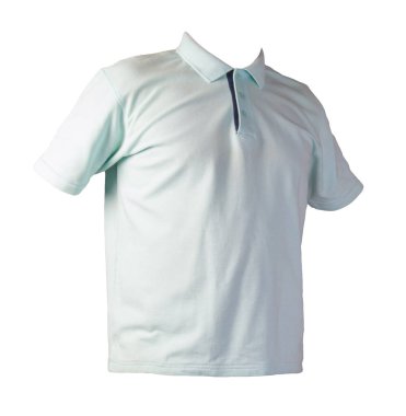 Kısa kollu, düğmeli yakalı, beyaz arka plan pamuklu gömlekli bir turkuaz tişört. Sıradan stil