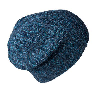 Örgü turkuaz gri şapka, beyaz bir arka planda izole edilmiş. Sıradan moda şapka aksesuarı.