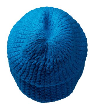 Kadın mavi şapkası. Örgü şapka beyaz arkaplanda izole.