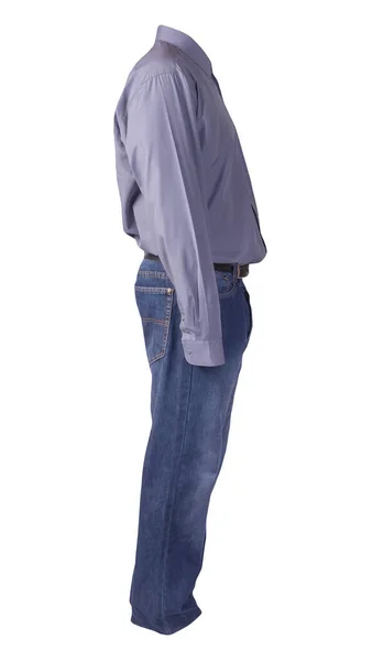 Camisa Cinza Roxo Masculino Com Mangas Compridas Jeans Azul Isolado — Fotografia de Stock