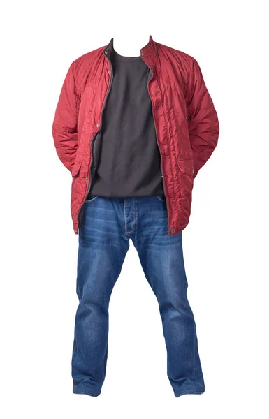 Jaqueta Vermelha Camisola Preta Jeans Azul Isolado Fundo Branco Roupas — Fotografia de Stock