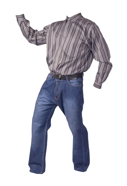 Men Gray Striped Shirt Long Sleeves Blue Jeans Isolated White — Stock Photo, Image