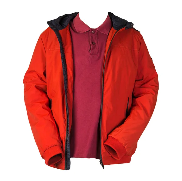 男性用の赤いTシャツと白地に隔離されたハッキージャケットのジッパー カジュアル服 — ストック写真