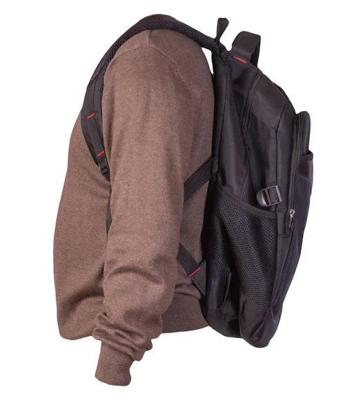 Schwarzer Rucksack Bekleidet Mit Einem Strickpullover Braun Isoliert Auf Weißem — Stockfoto