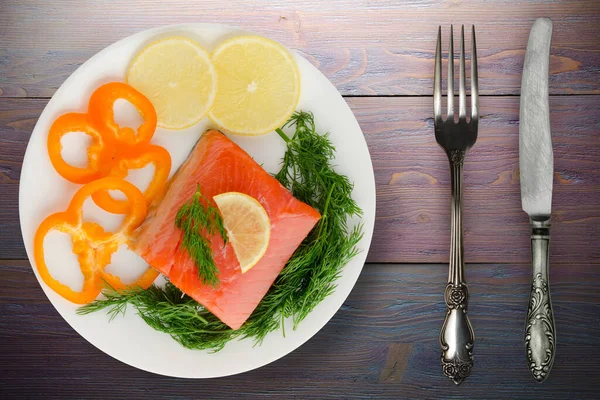 Red Fish Trout Fillets White Plate Fork Knife Top View — Stock Photo, Image
