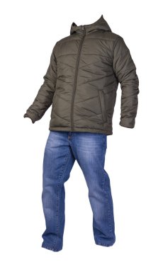 Hakki erkek ceketi ve mavi kot beyaz arka planda izole edilmiş. Günlük giysiler.