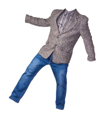 Gri çizgili gömlekli gri ceketli ve beyaz arka planda izole edilmiş kot pantolonlu adamlar. günlük biçim