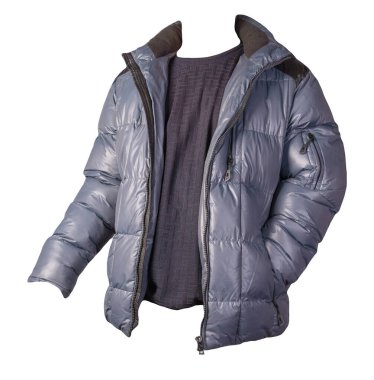 Mavi ceket ve koyu mavi süveter beyaz arka planda izole edilmiş. Bolonya ceketi ve yün kazak.